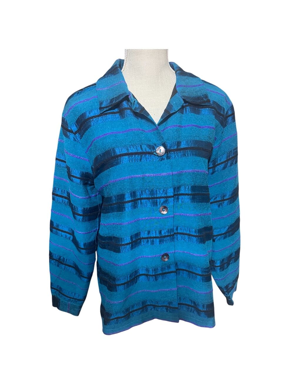 Vtg Coldwater Creek Jacket Turquoise Blue 100% Silk Metallic button front stripe